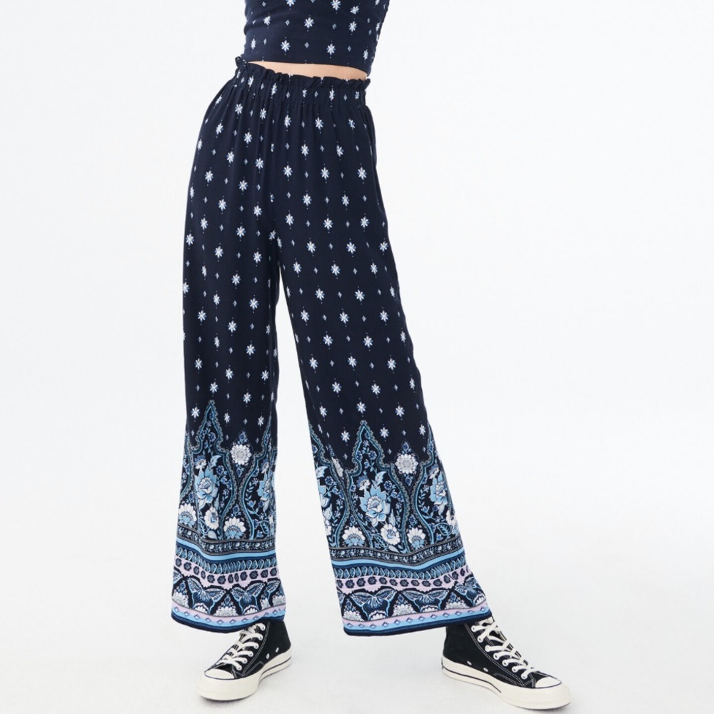 High- rise floral border wide- leg pants